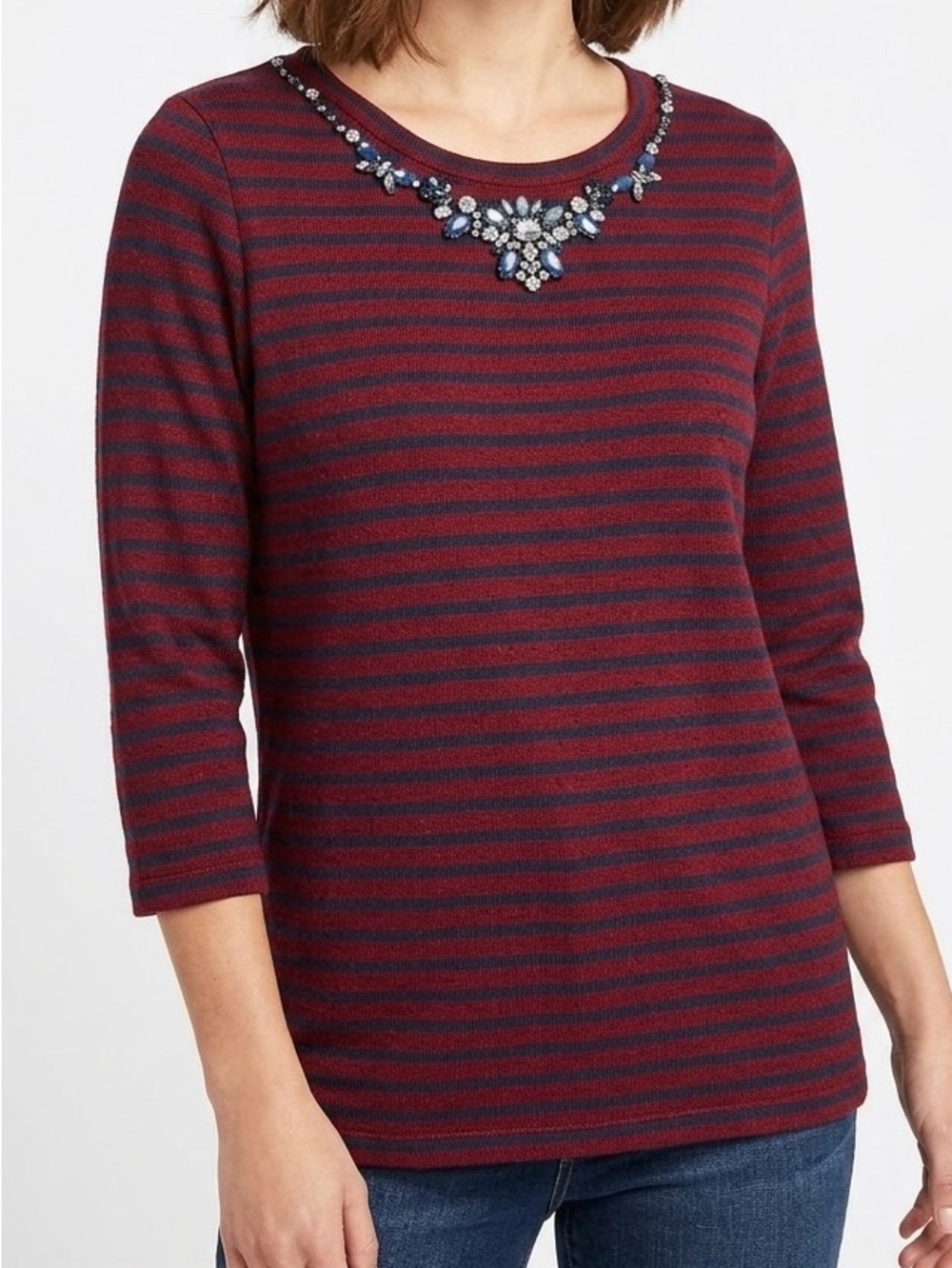 J.Crew Jeweled Striped Tee Burgundy Navy Blue S 3/4 Sleeve Modern Prep